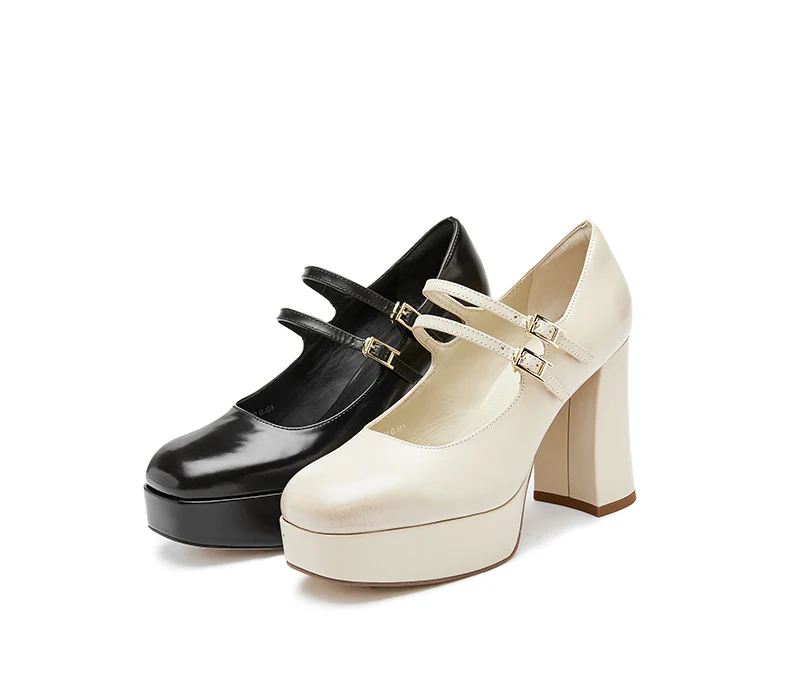 Beige Boxy Platform Strap Mary Jane Pumps - Image 6