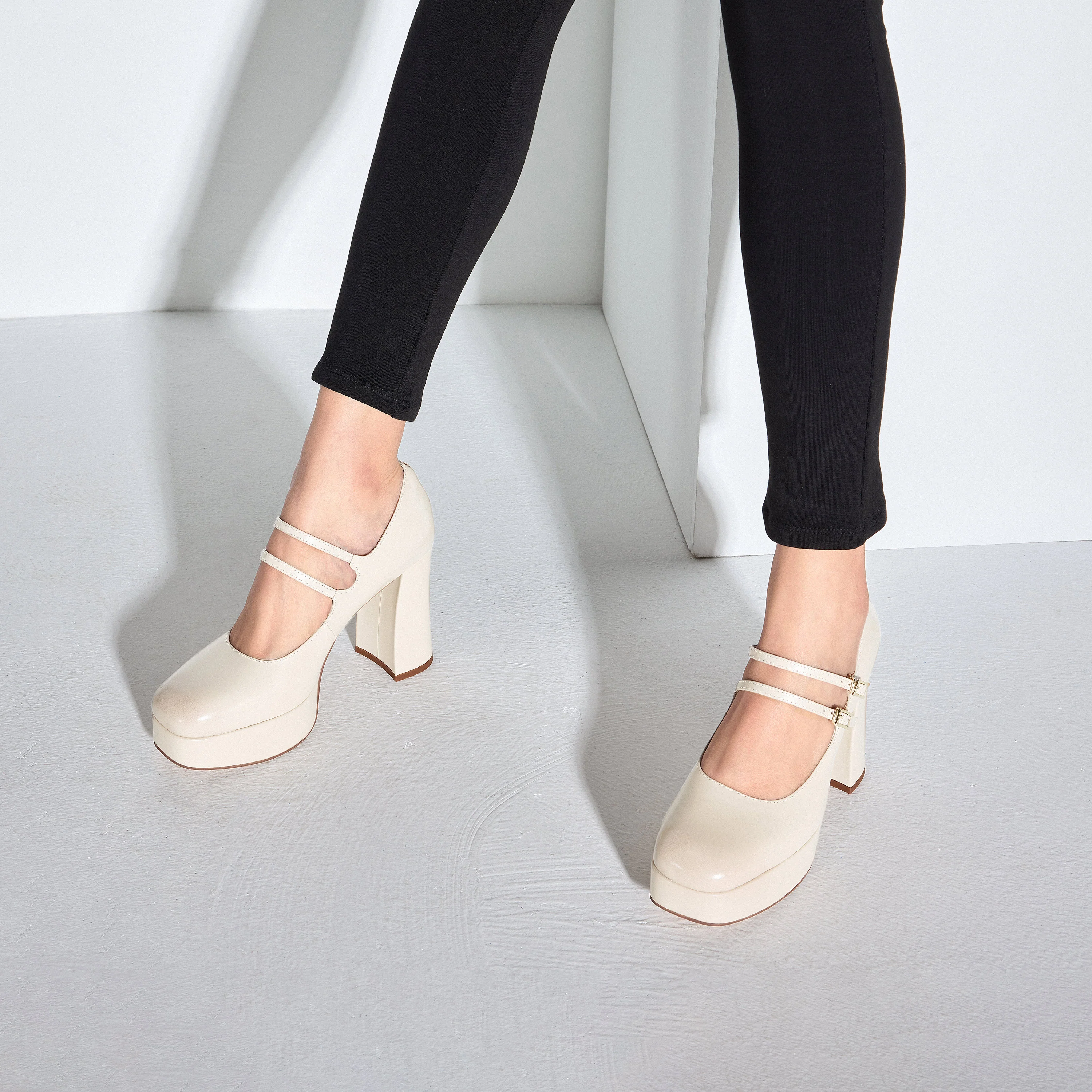 Beige Boxy Platform Strap Mary Jane Pumps - Image 7