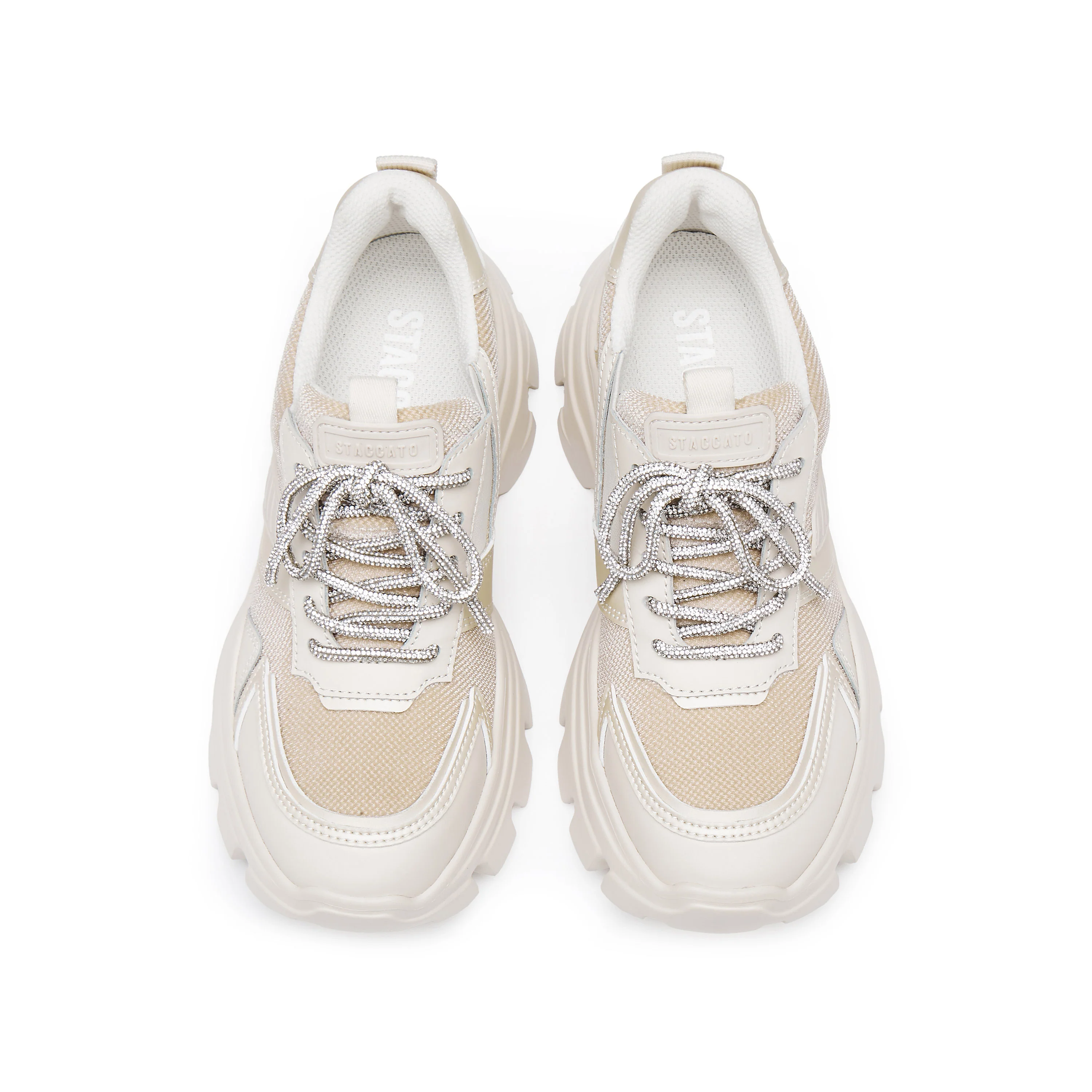 Beige Tone Crystal Lace Up Chunky Sneakers - Image 4