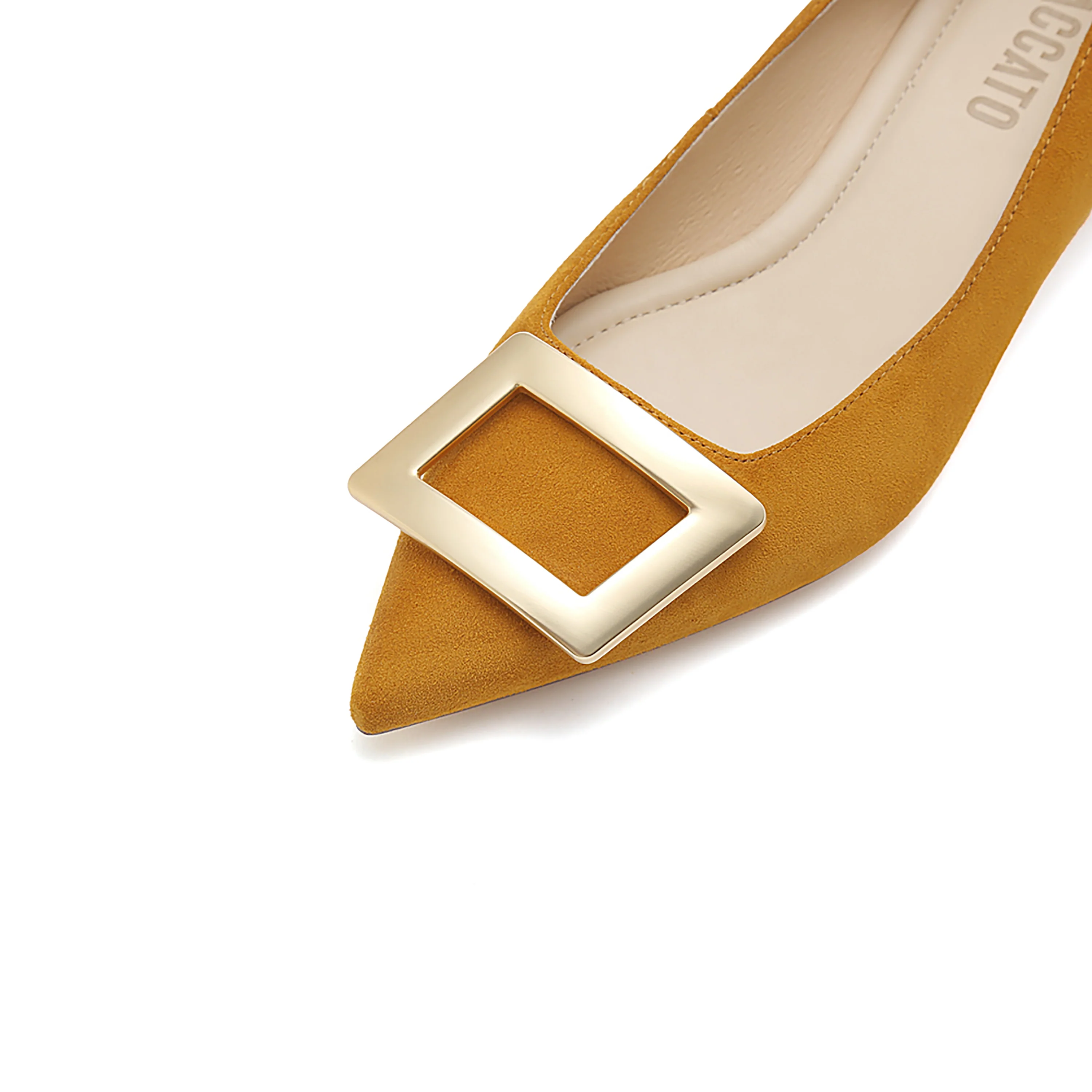 Golden Buckle Camel Kitten Pumps - Image 5