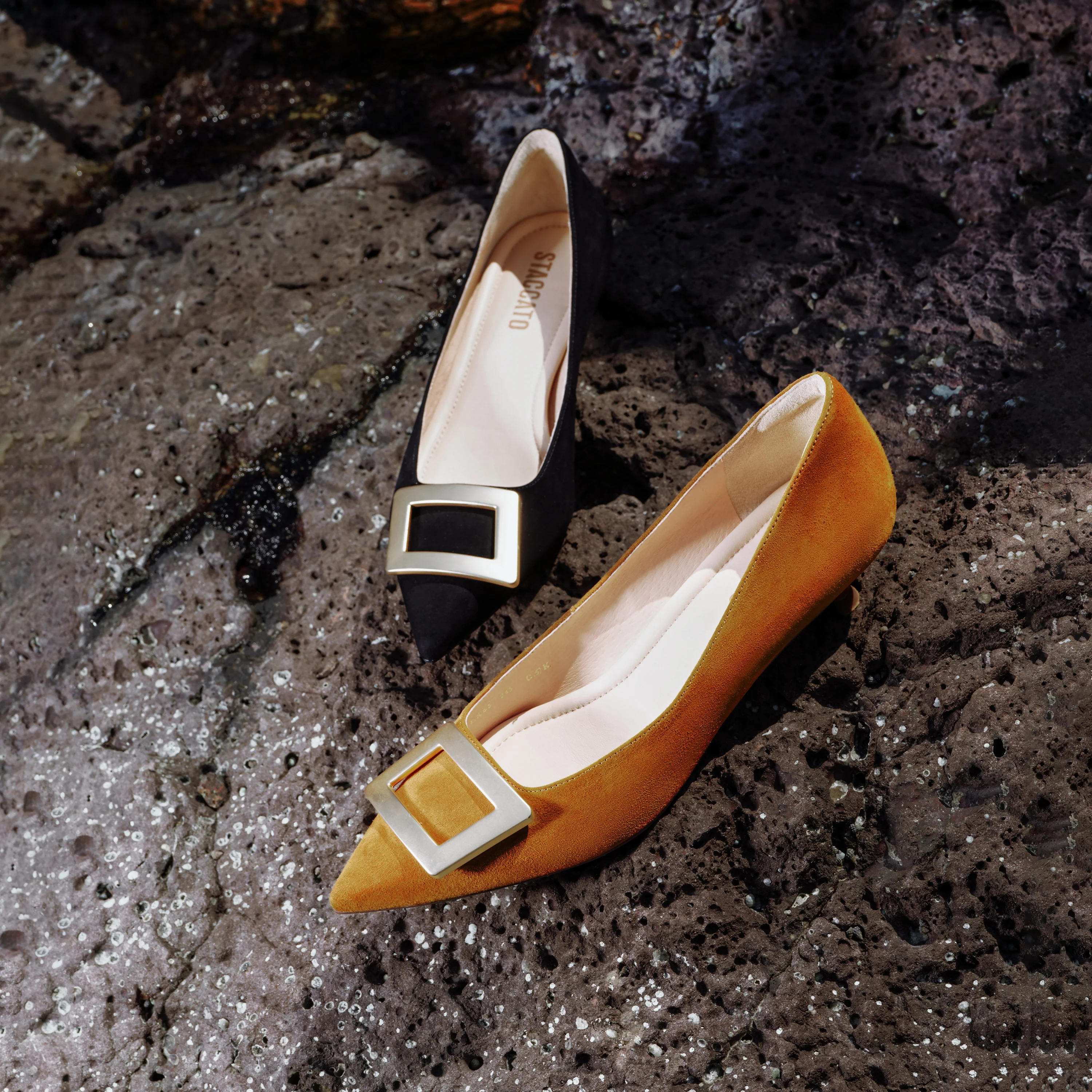 Golden Buckle Camel Kitten Pumps - Image 6