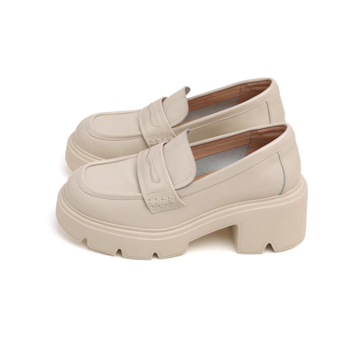 Beige Leather Platform Loafers - Image 4