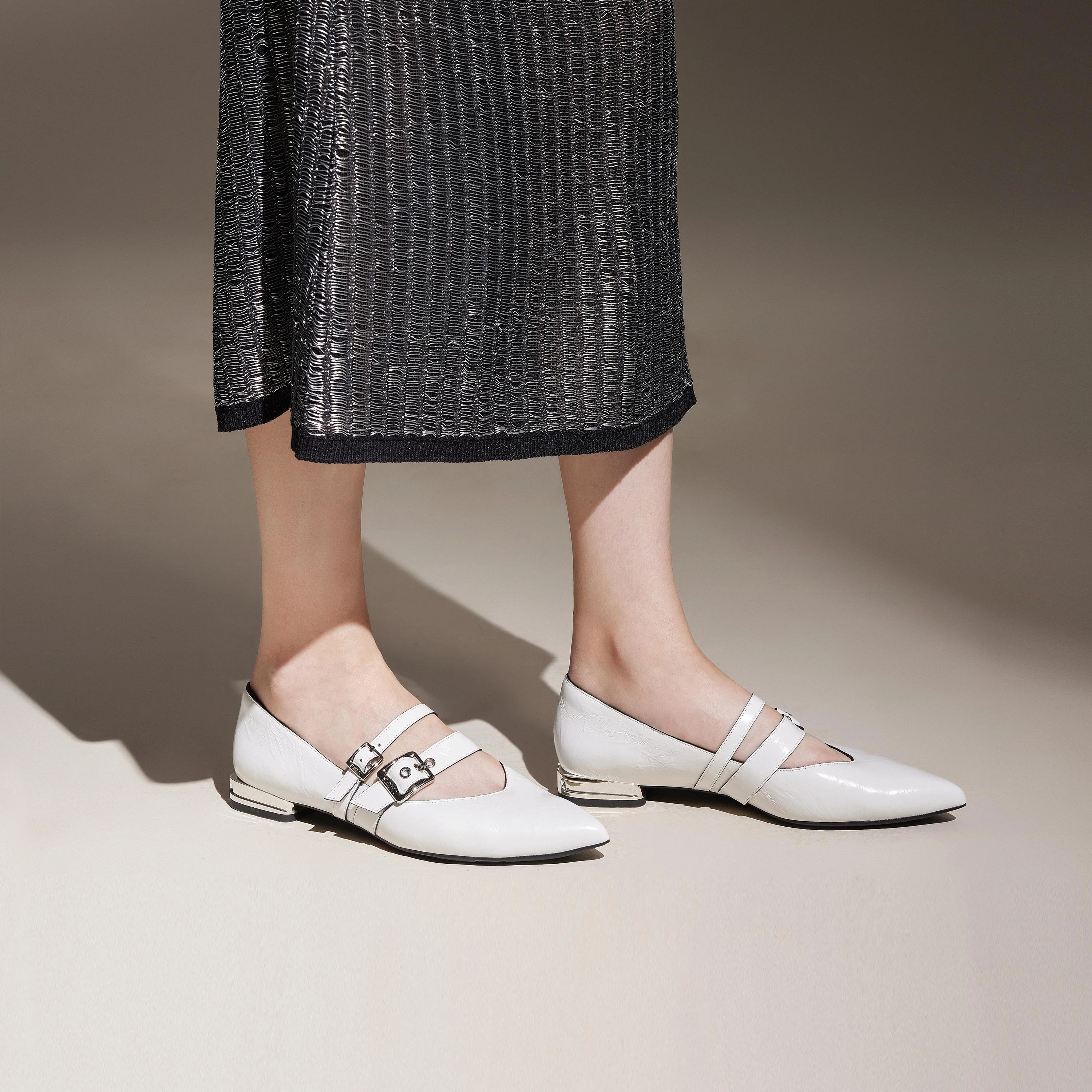 White Wrinkle Leather Strappy Pointy Flats - Image 6