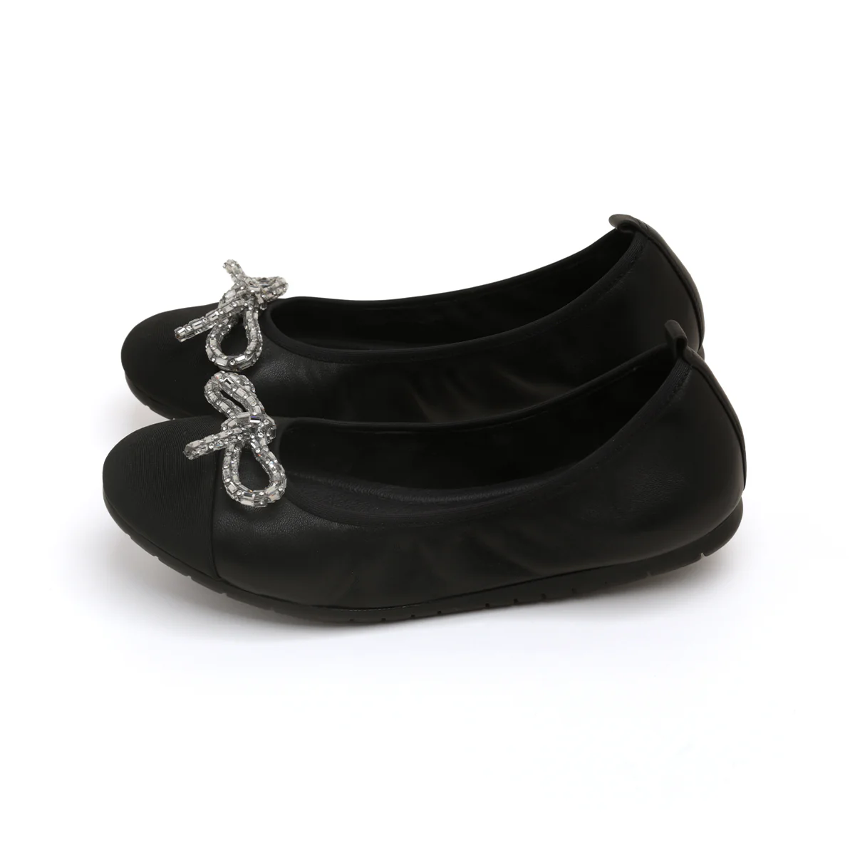 Black Crystal Bow Leather Ballerina Flats - Image 3