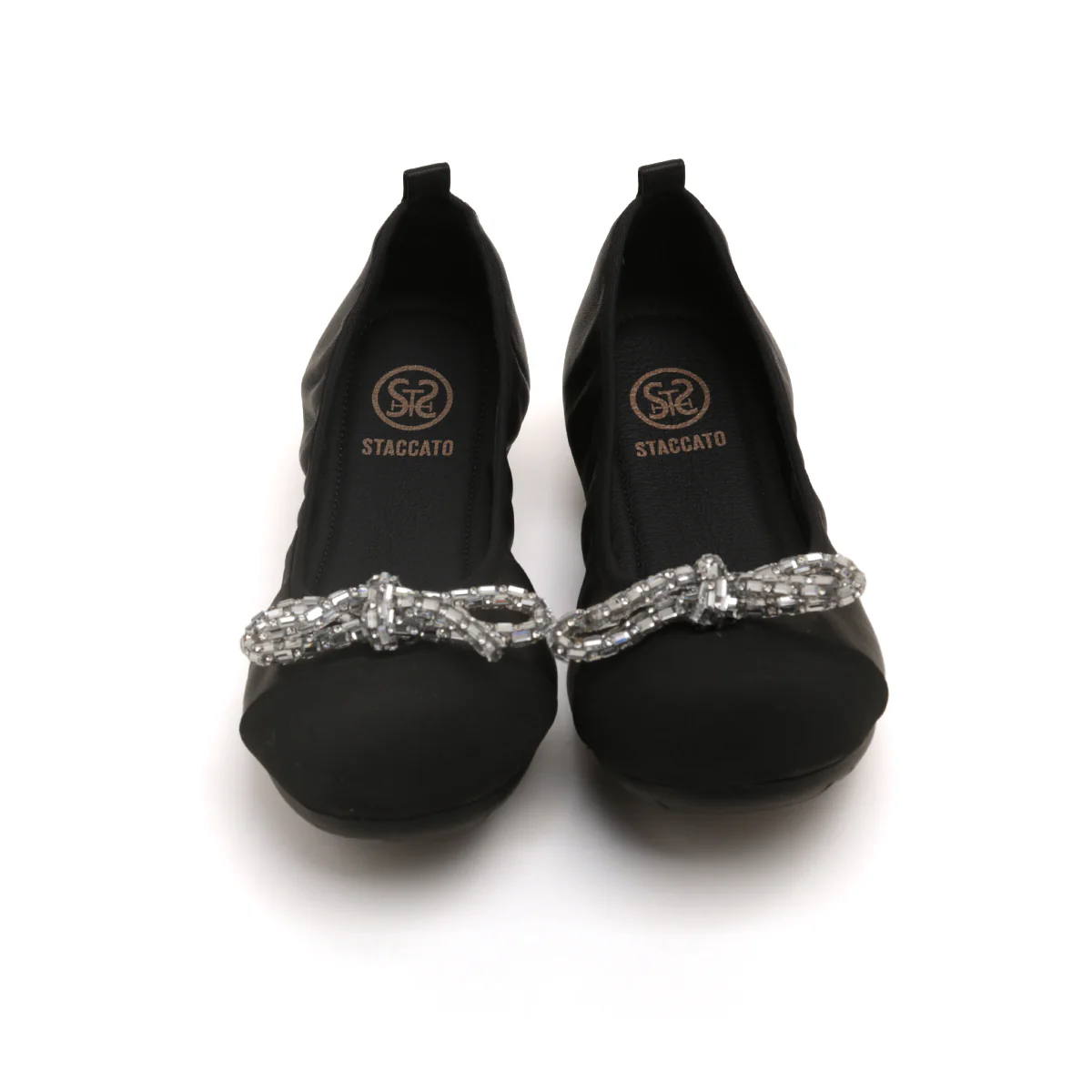 Black Crystal Bow Leather Ballerina Flats - Image 4