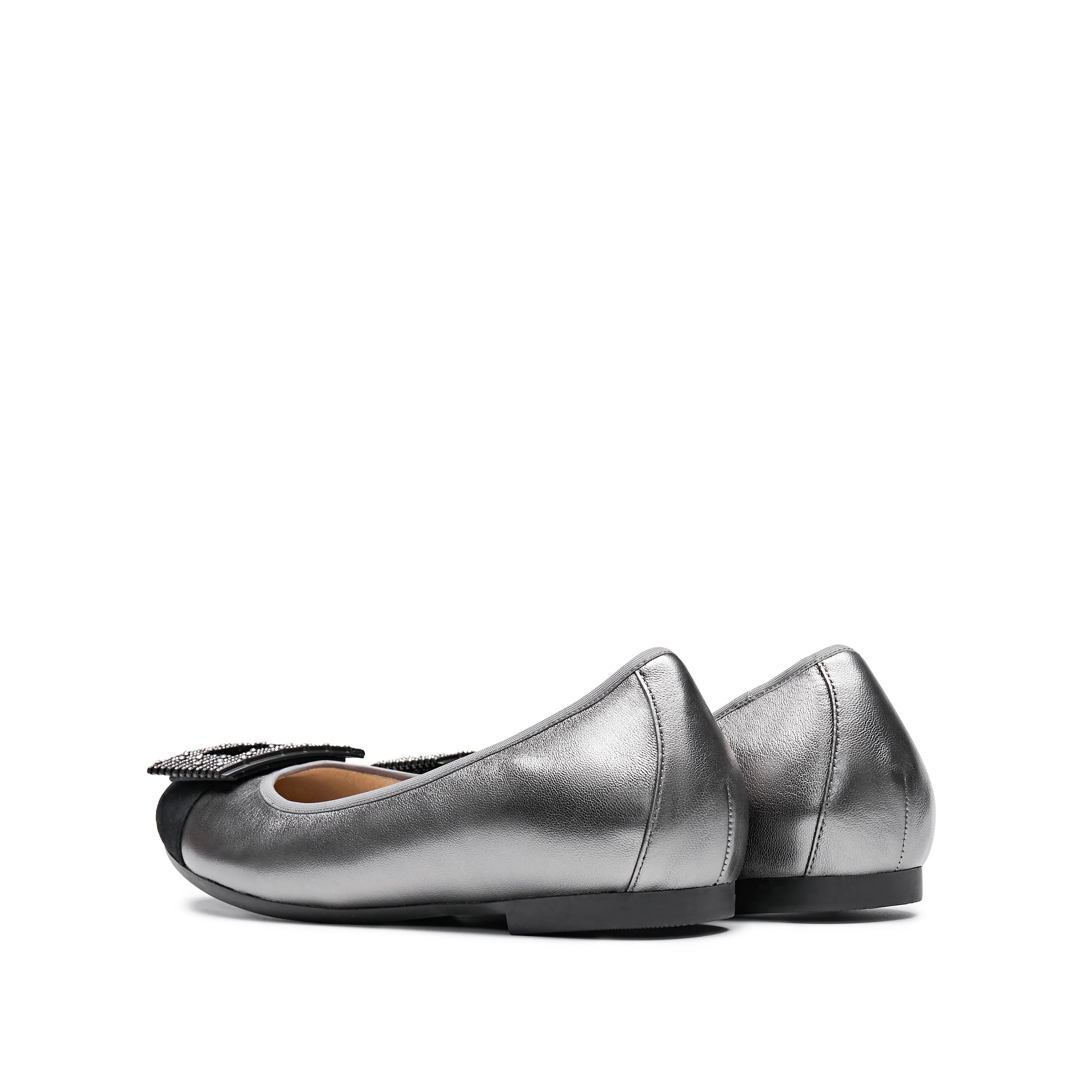 Silvery Grey Square Buckle Leather Ballerina Flats - Image 3