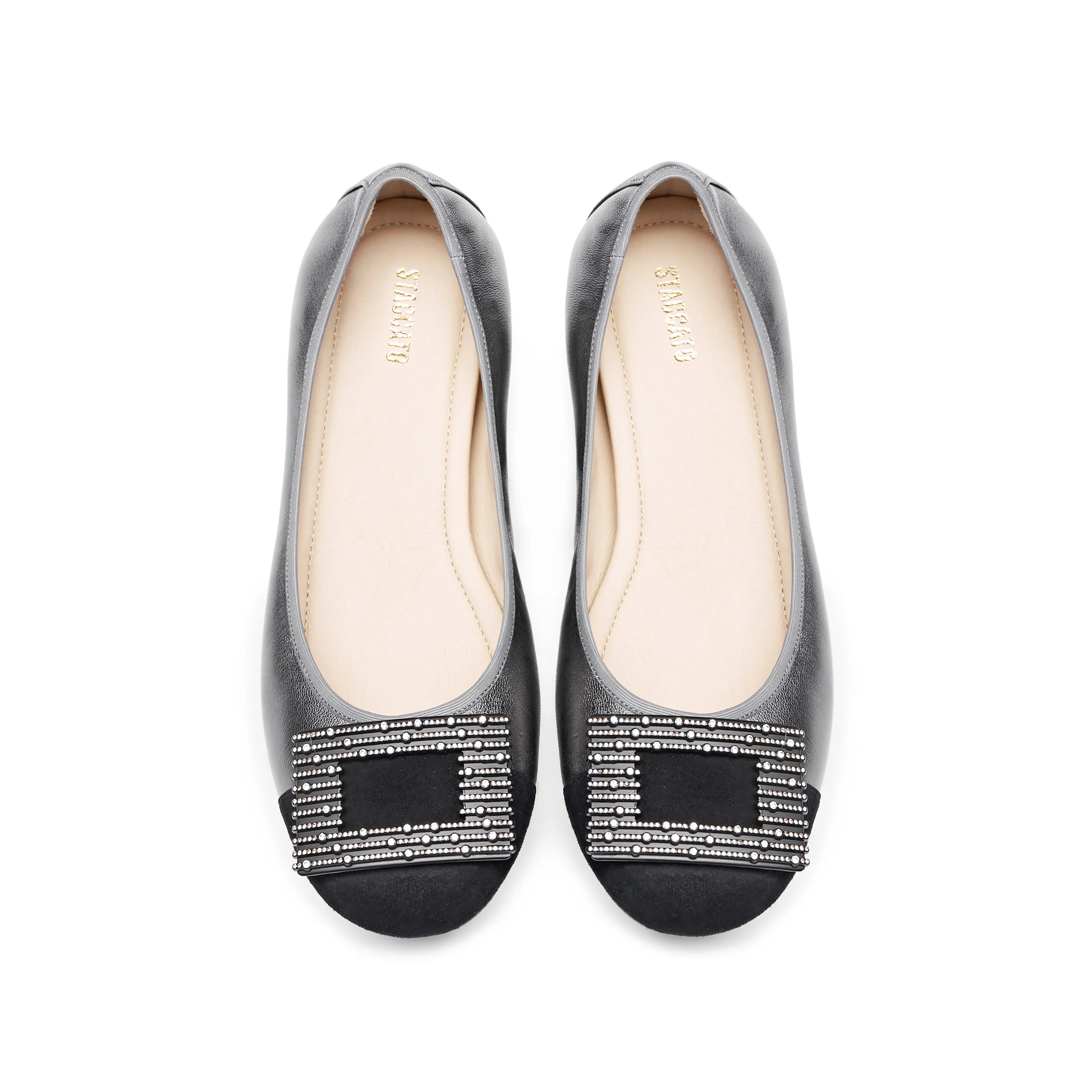 Silvery Grey Square Buckle Leather Ballerina Flats - Image 4