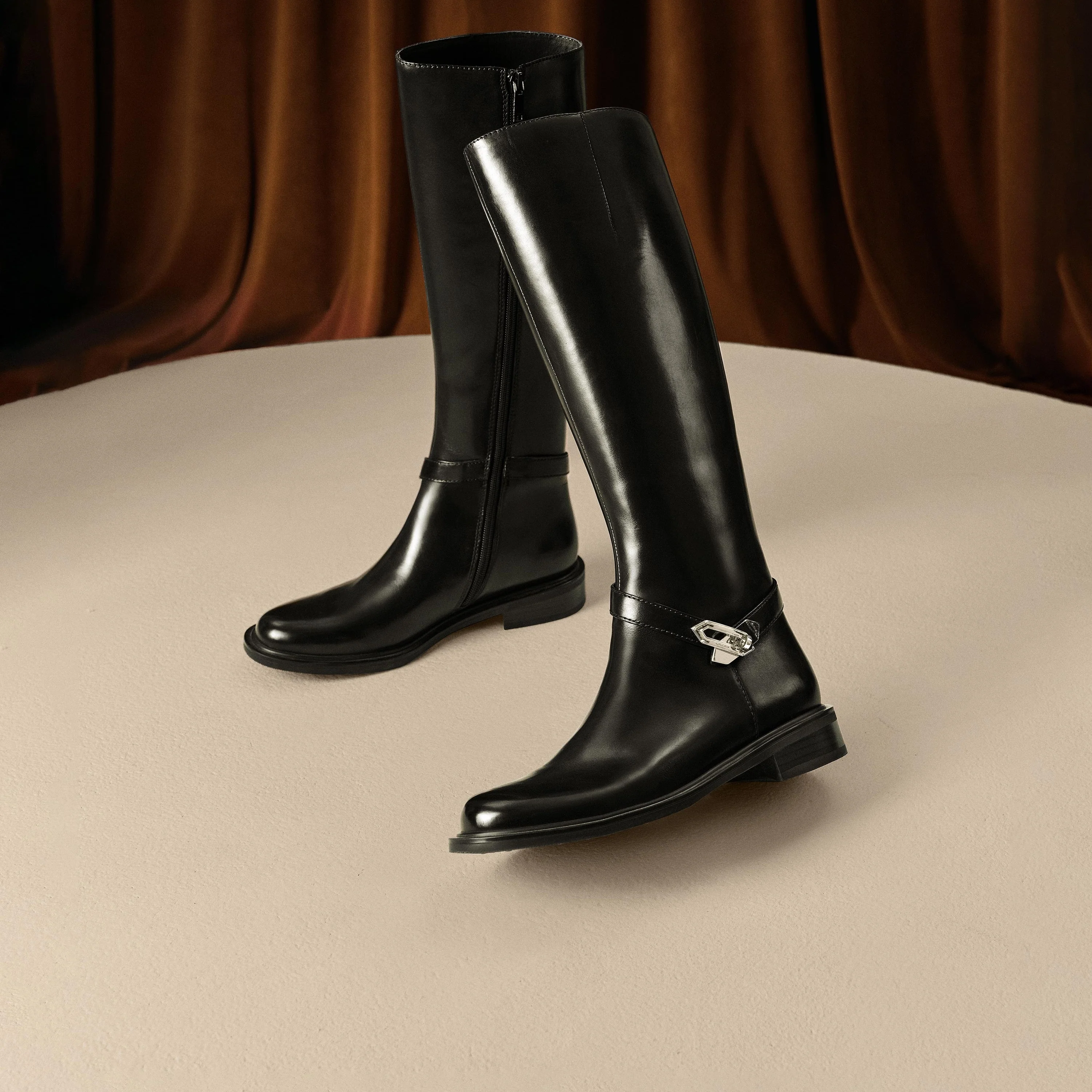 Black Buckle Ankle Strap High Knee Boots - Image 8