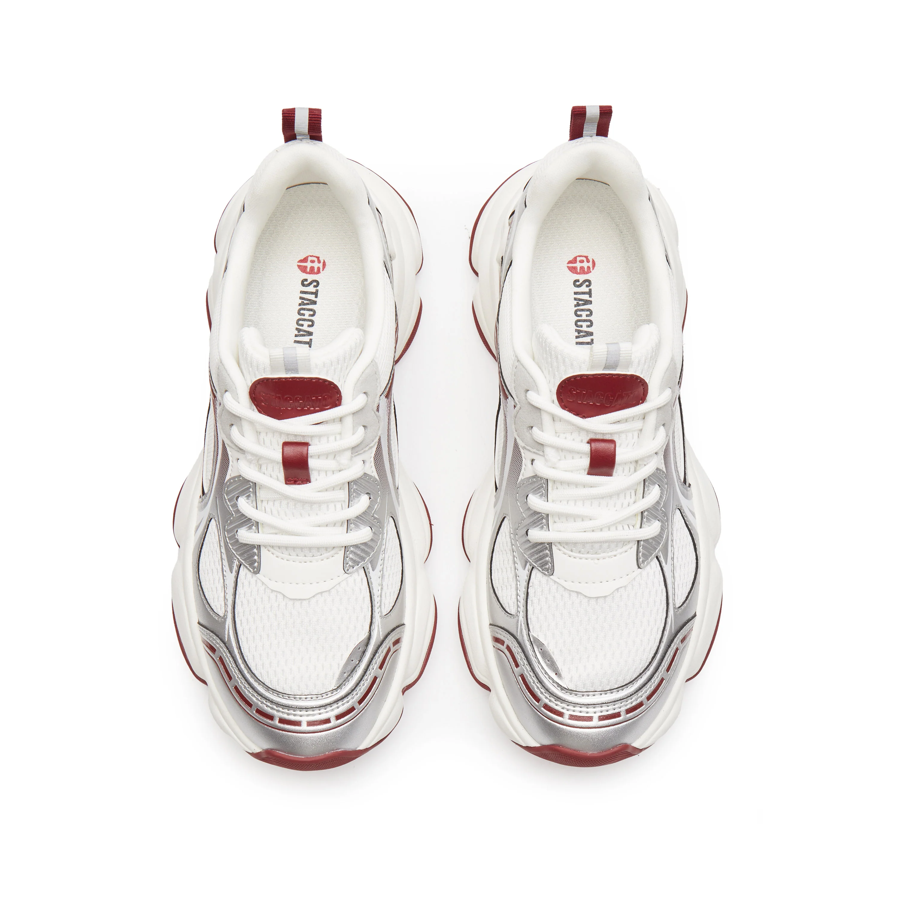 Silvery Red Meshed Lace Up Chunky Sneakers - Image 4