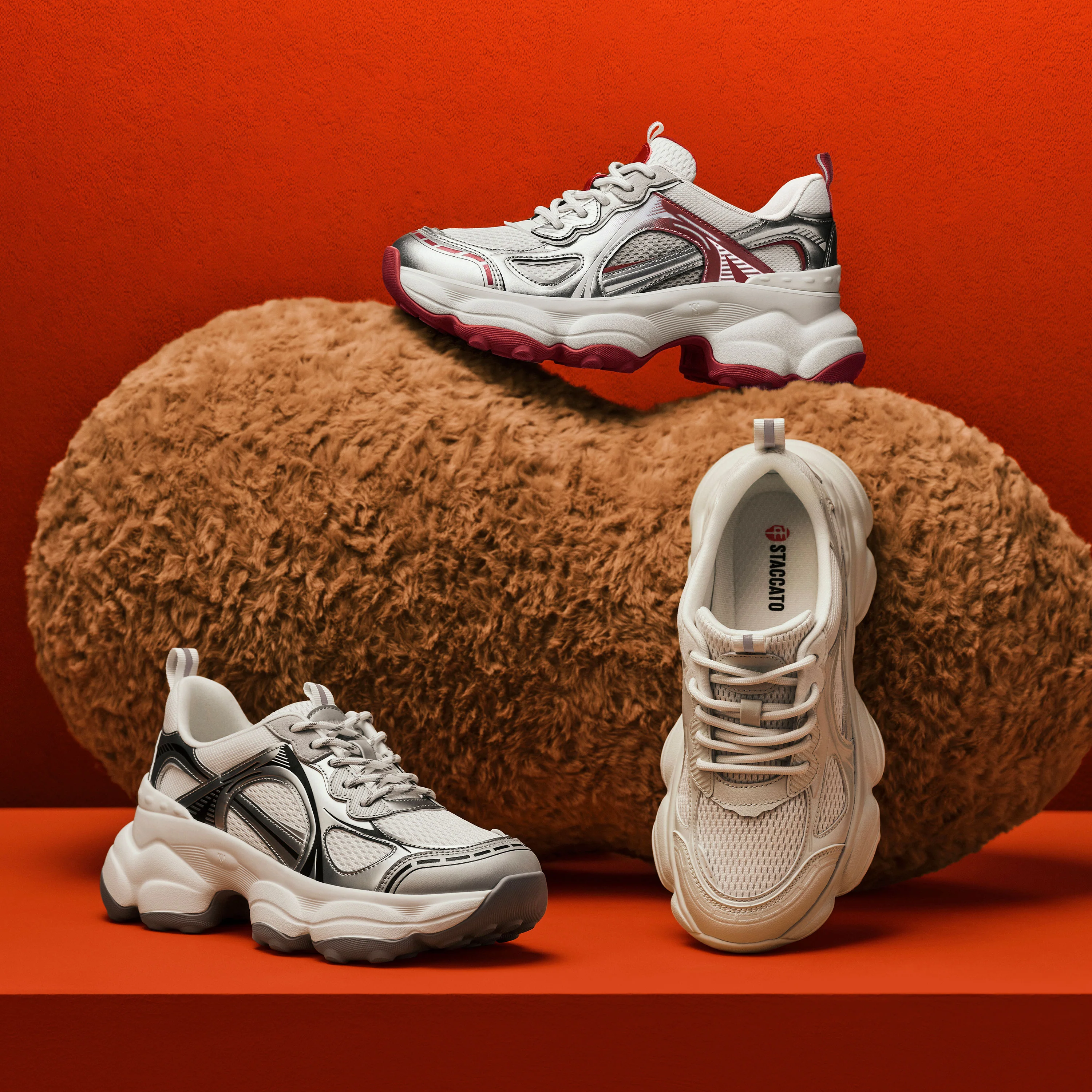 Silvery Red Meshed Lace Up Chunky Sneakers - Image 7