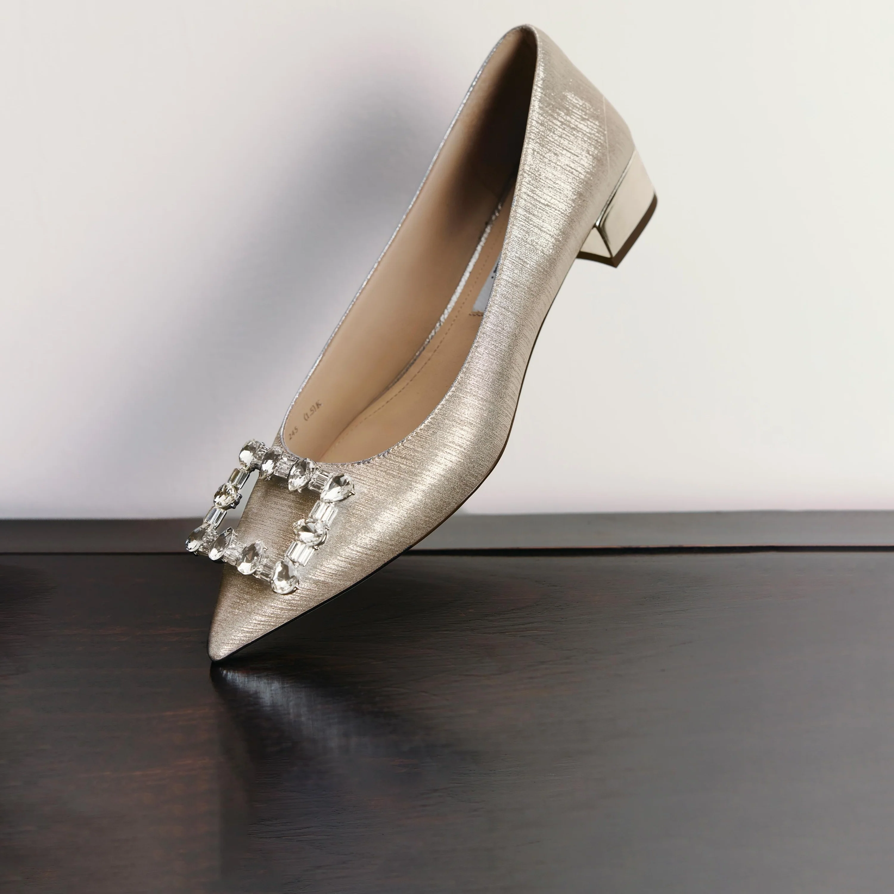 Crystal Buckle Light Gold Shiny Fabric Flats - Image 10