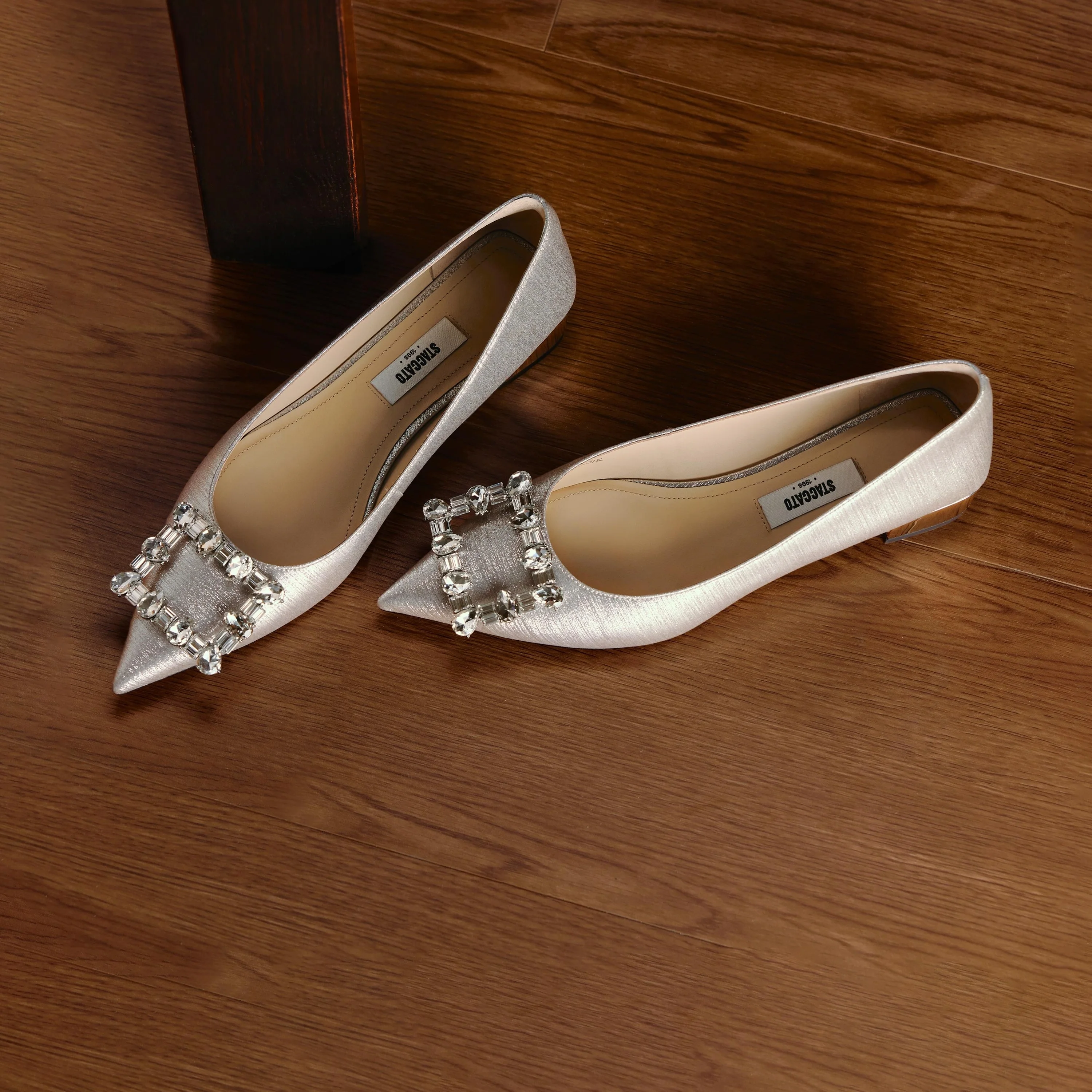 Crystal Buckle Light Gold Shiny Fabric Flats - Image 11