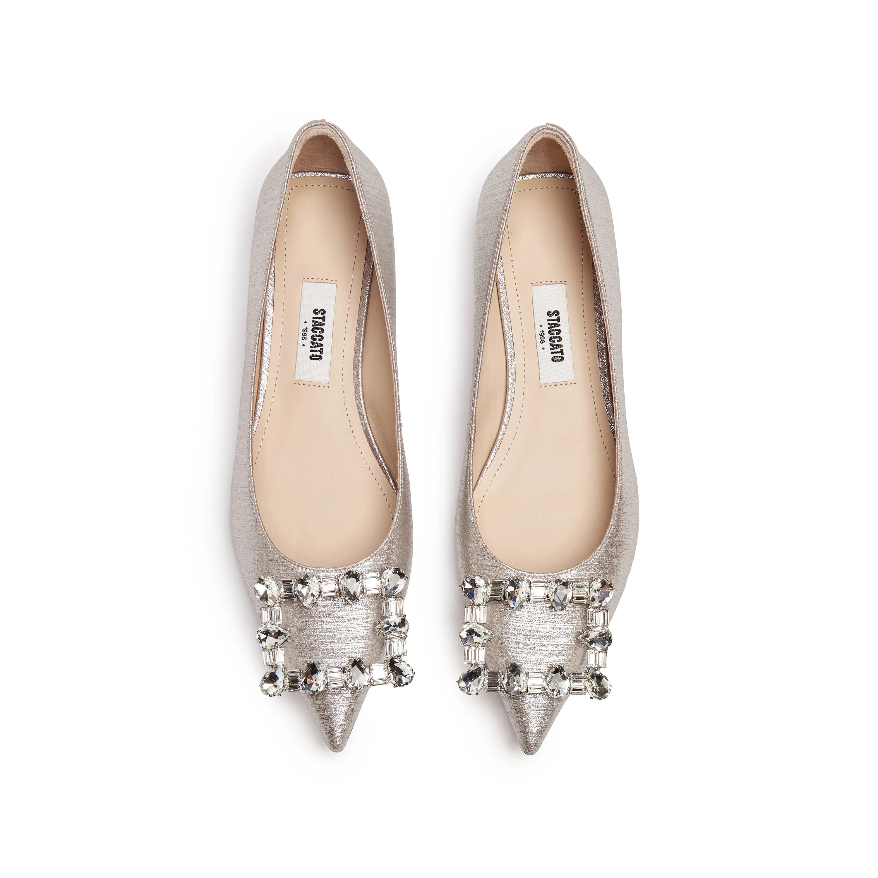 Crystal Buckle Light Gold Shiny Fabric Flats - Image 4