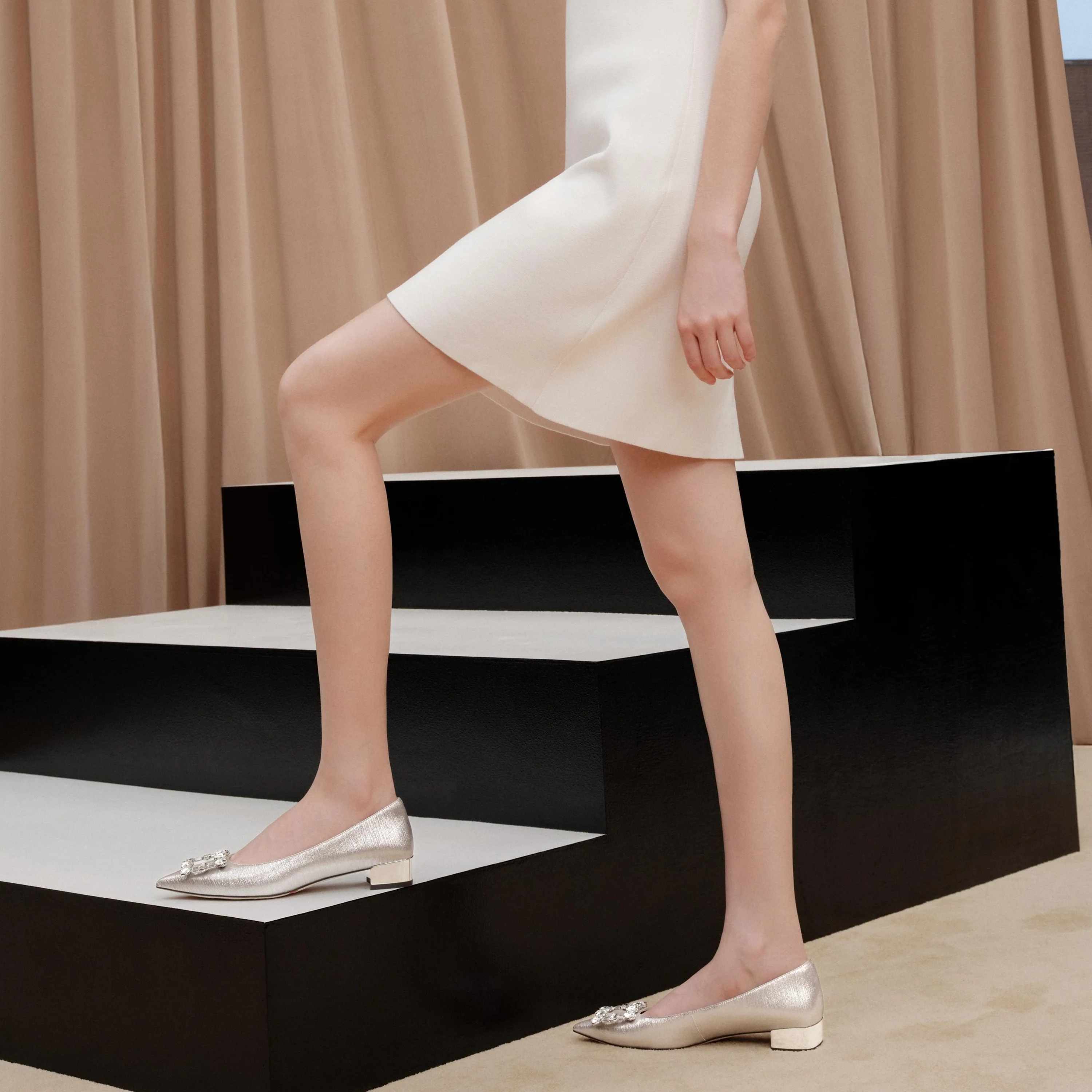 Crystal Buckle Light Gold Shiny Fabric Flats - Image 7