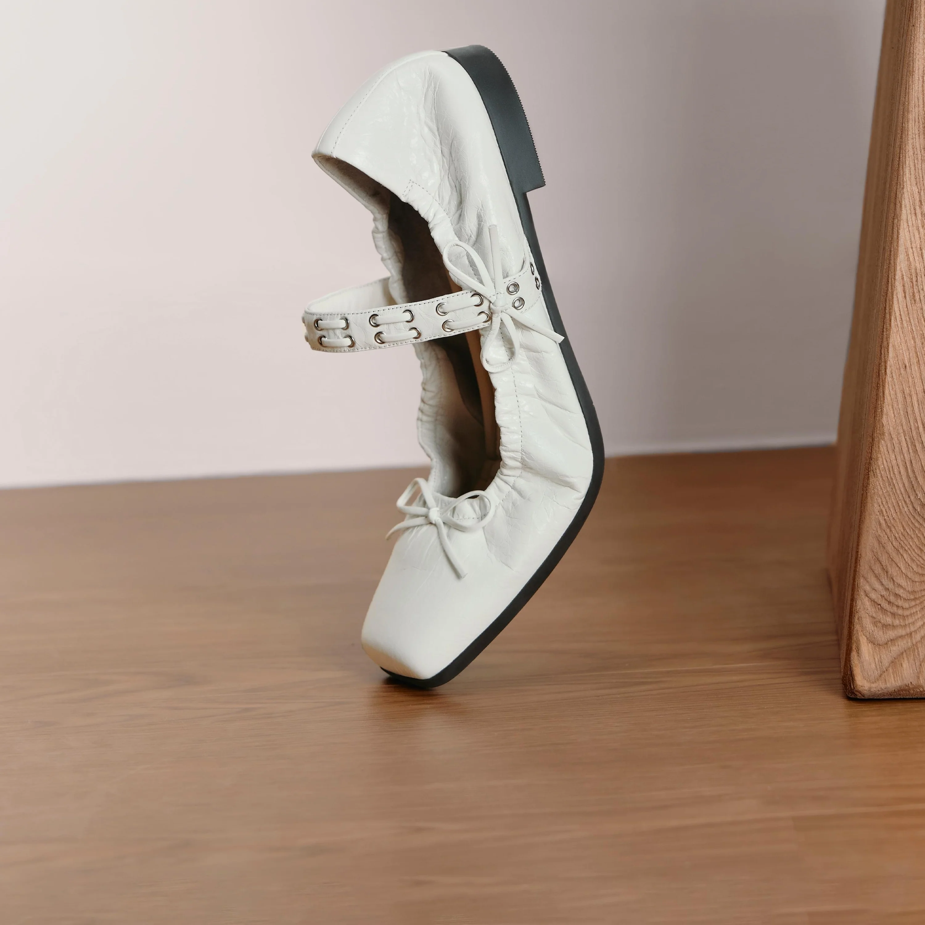 White Waxy Bow Strappy Ballet Flats - Image 6