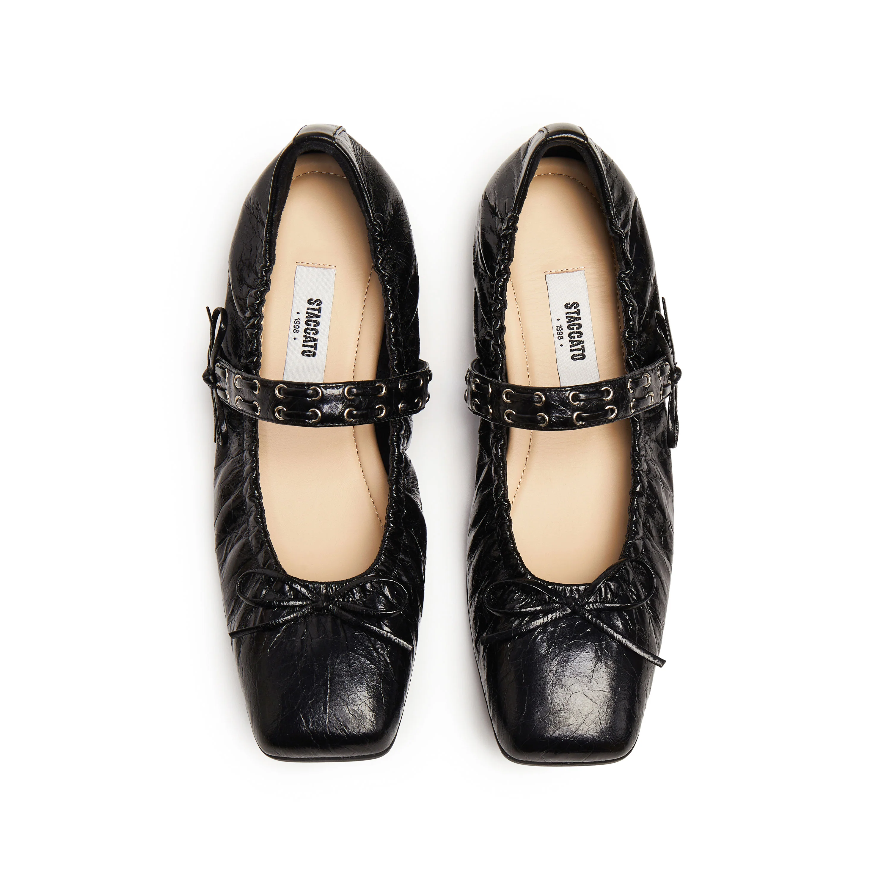 Black Waxy Bow Strappy Ballet Flats - Image 4