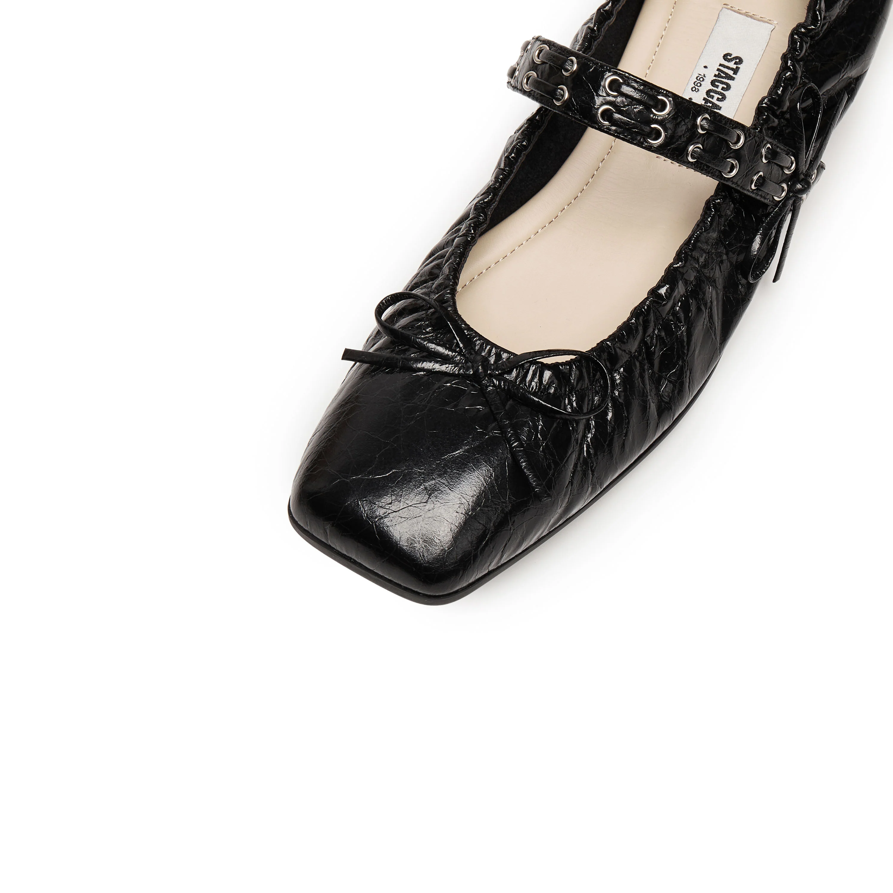 Black Waxy Bow Strappy Ballet Flats - Image 5
