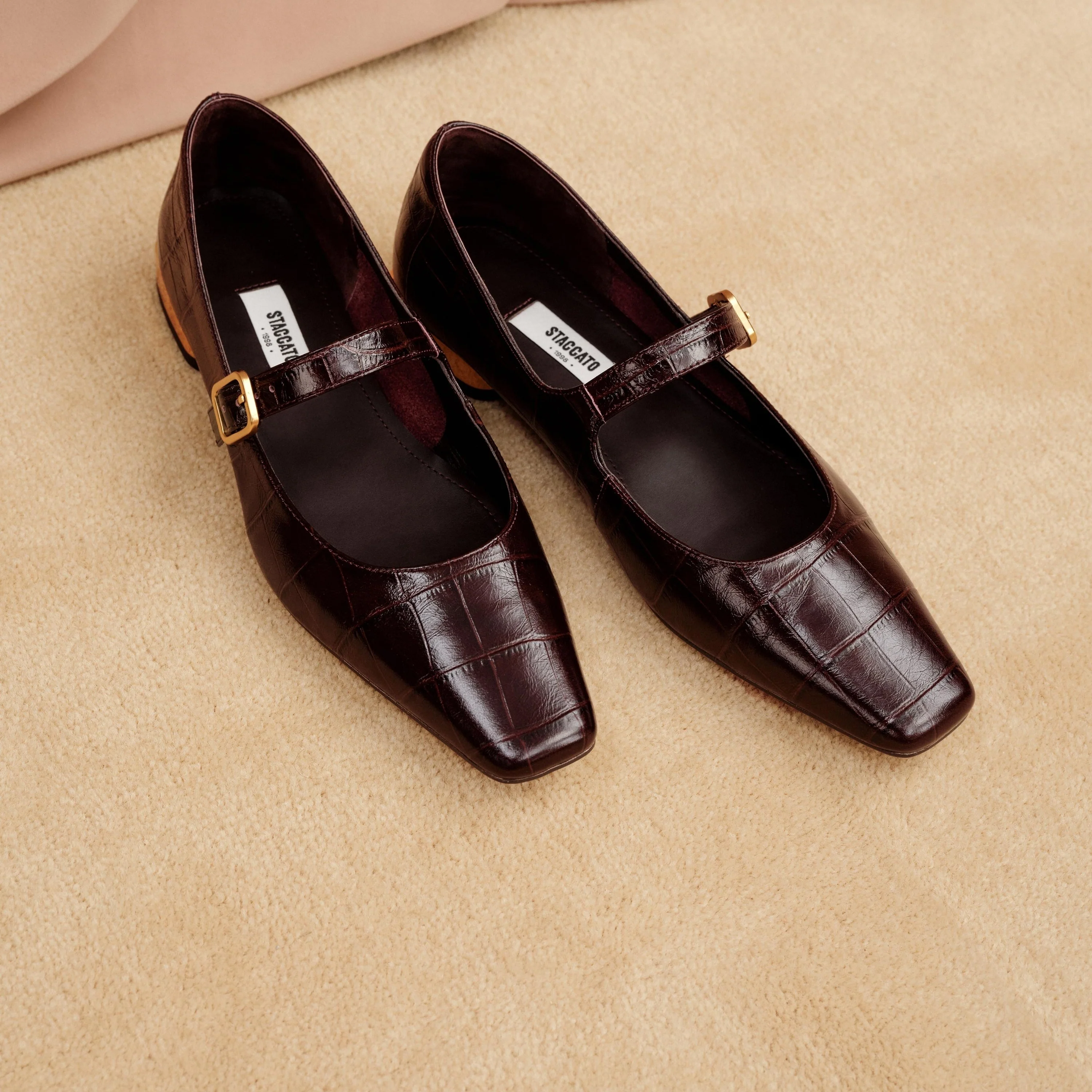 Burgundy Embossed Leather Mary Jane Flats - Image 6
