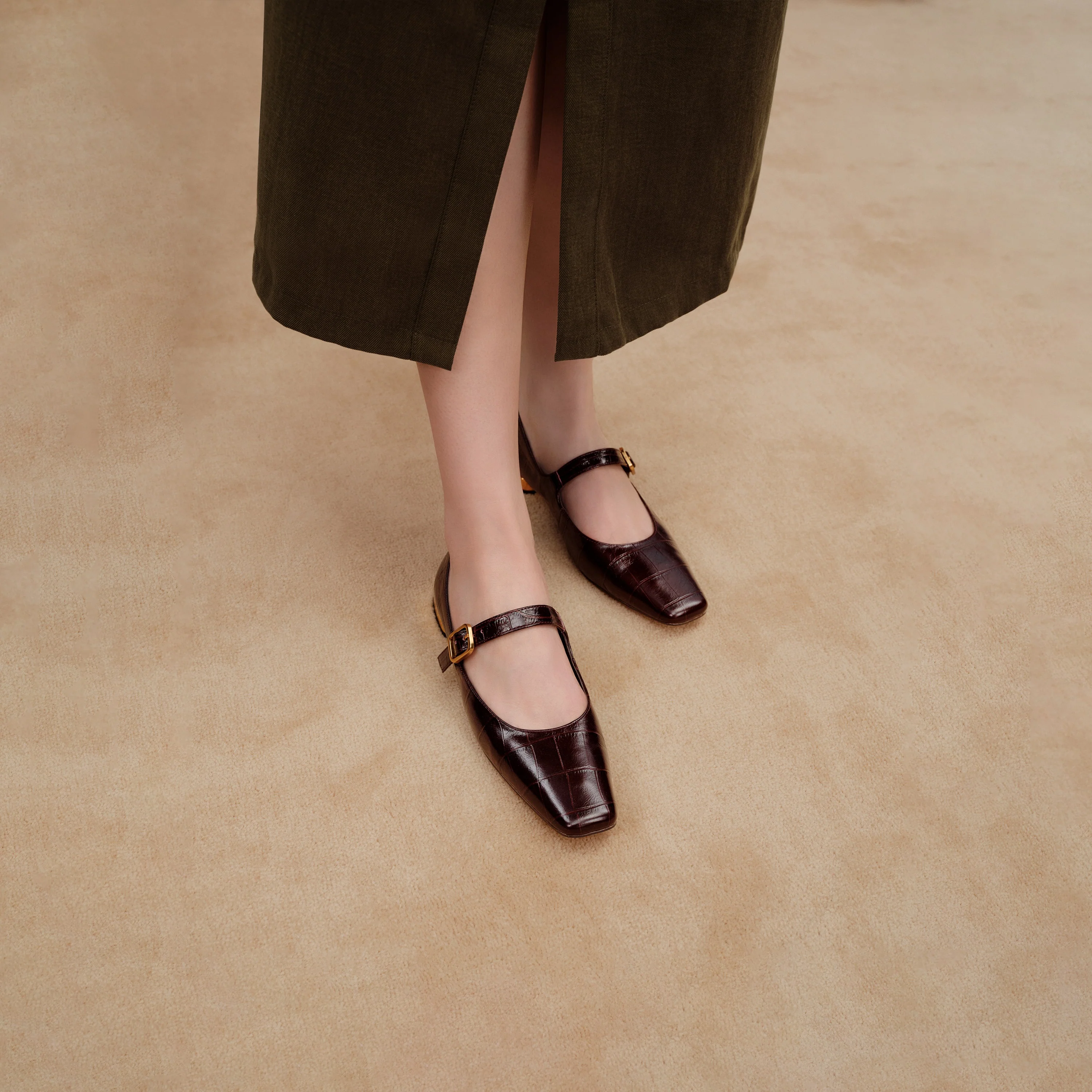 Burgundy Embossed Leather Mary Jane Flats - Image 8