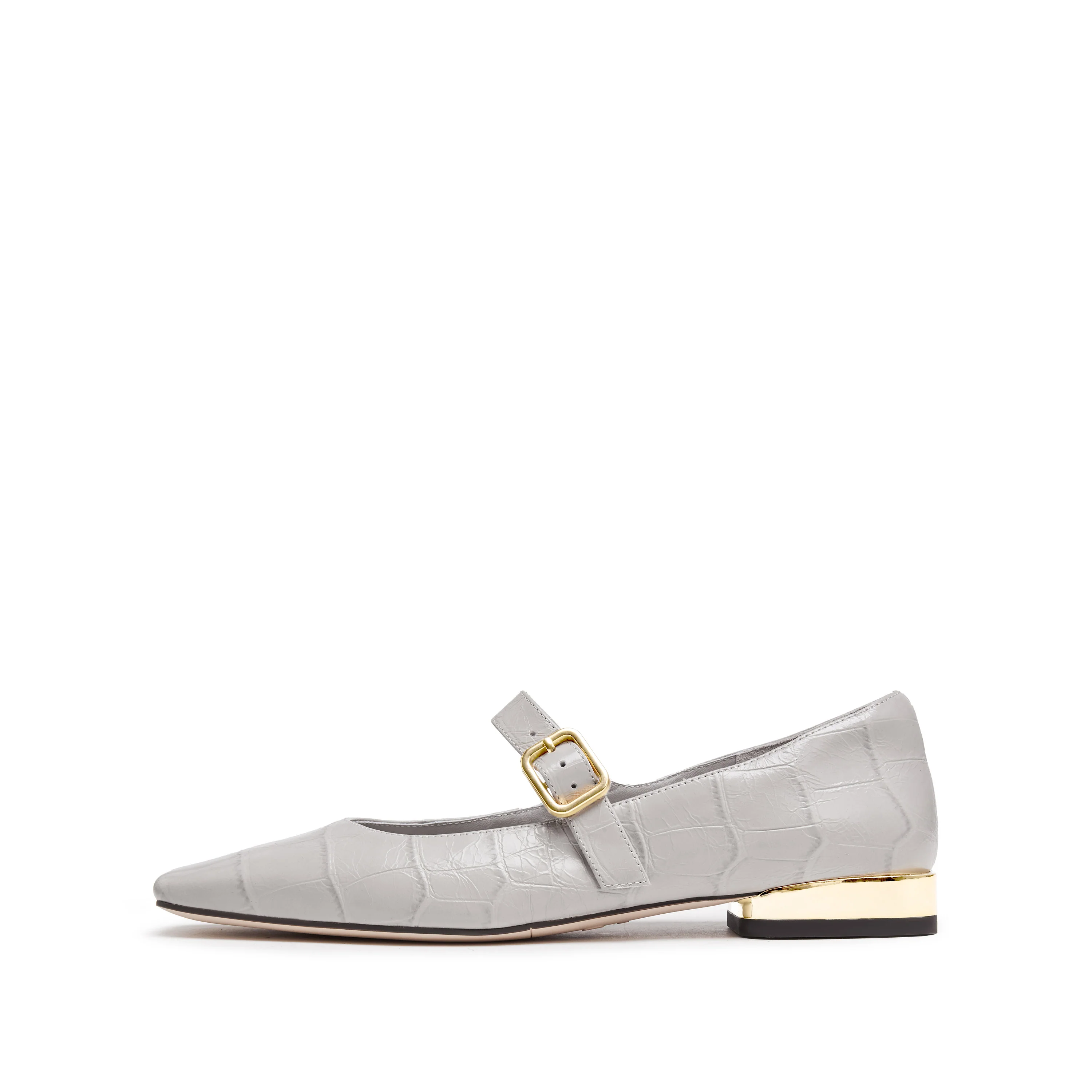 Light Grey Embossed Leather Mary Jane Flats - Image 3