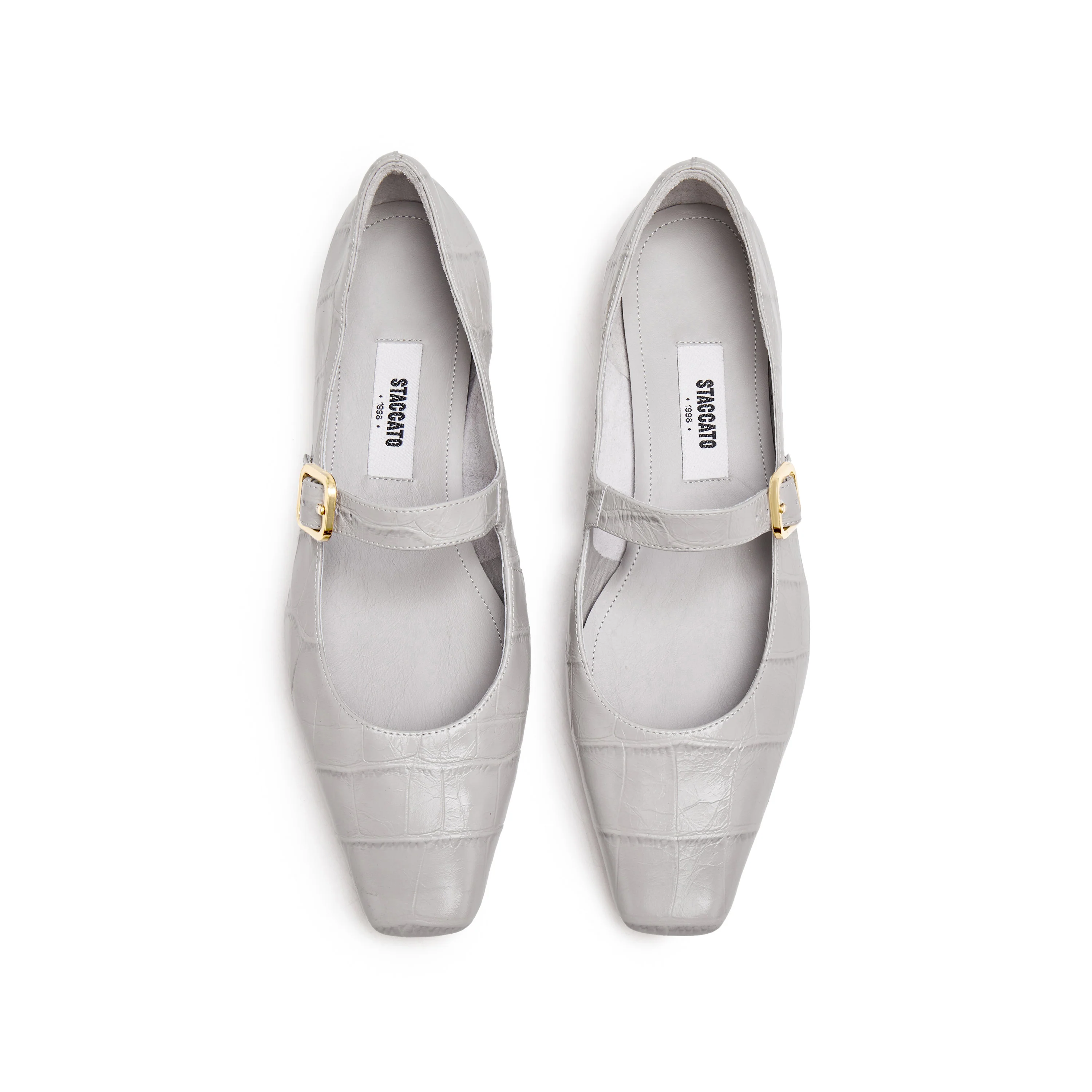 Light Grey Embossed Leather Mary Jane Flats - Image 4