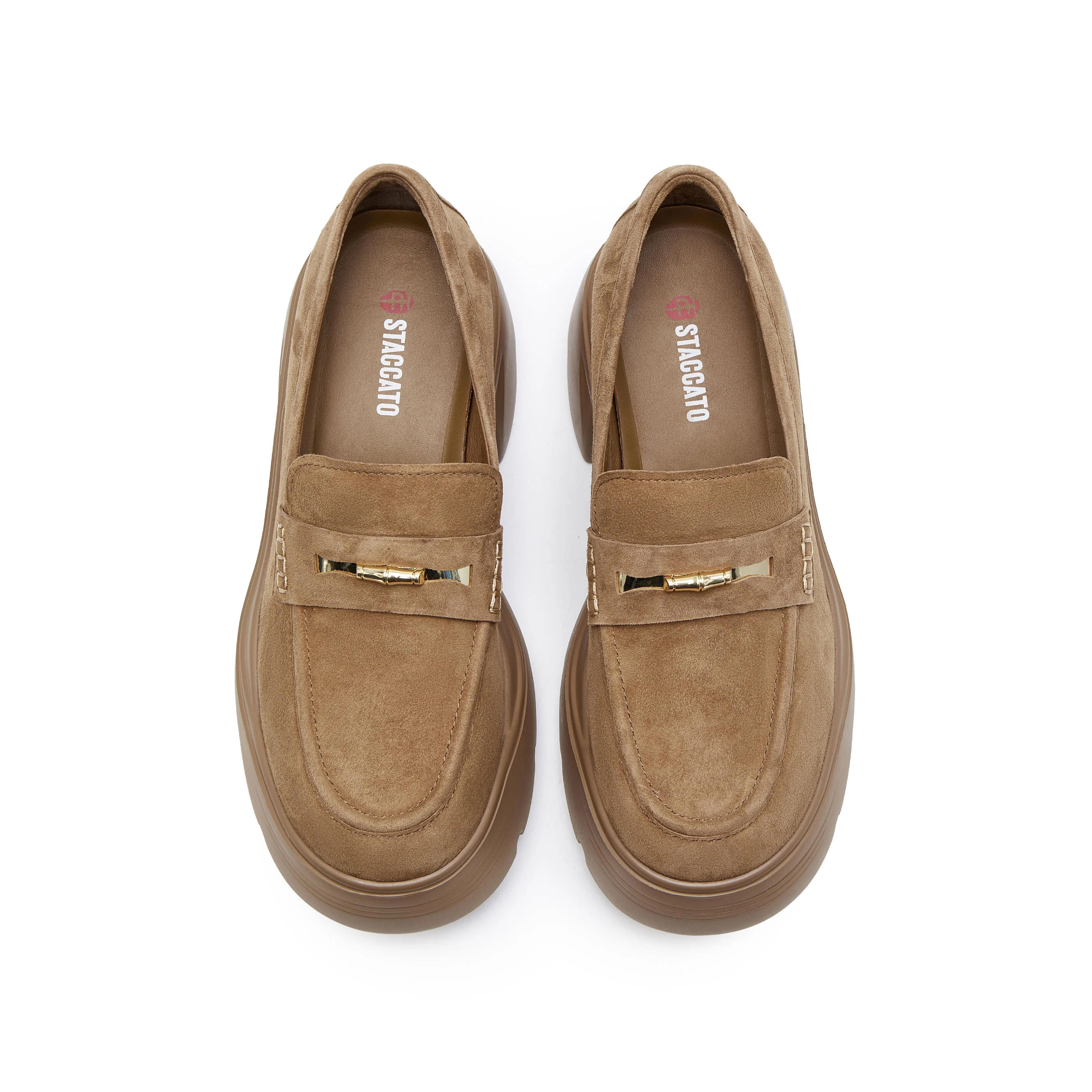 Khaki Golden Bamboo Platform Suede Loafers - Image 4