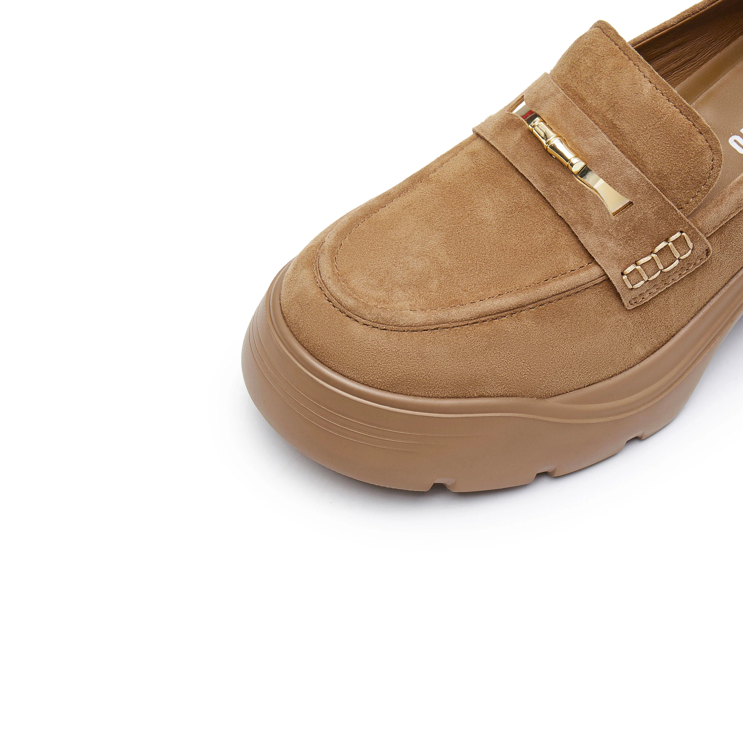 Khaki Golden Bamboo Platform Suede Loafers - Image 5