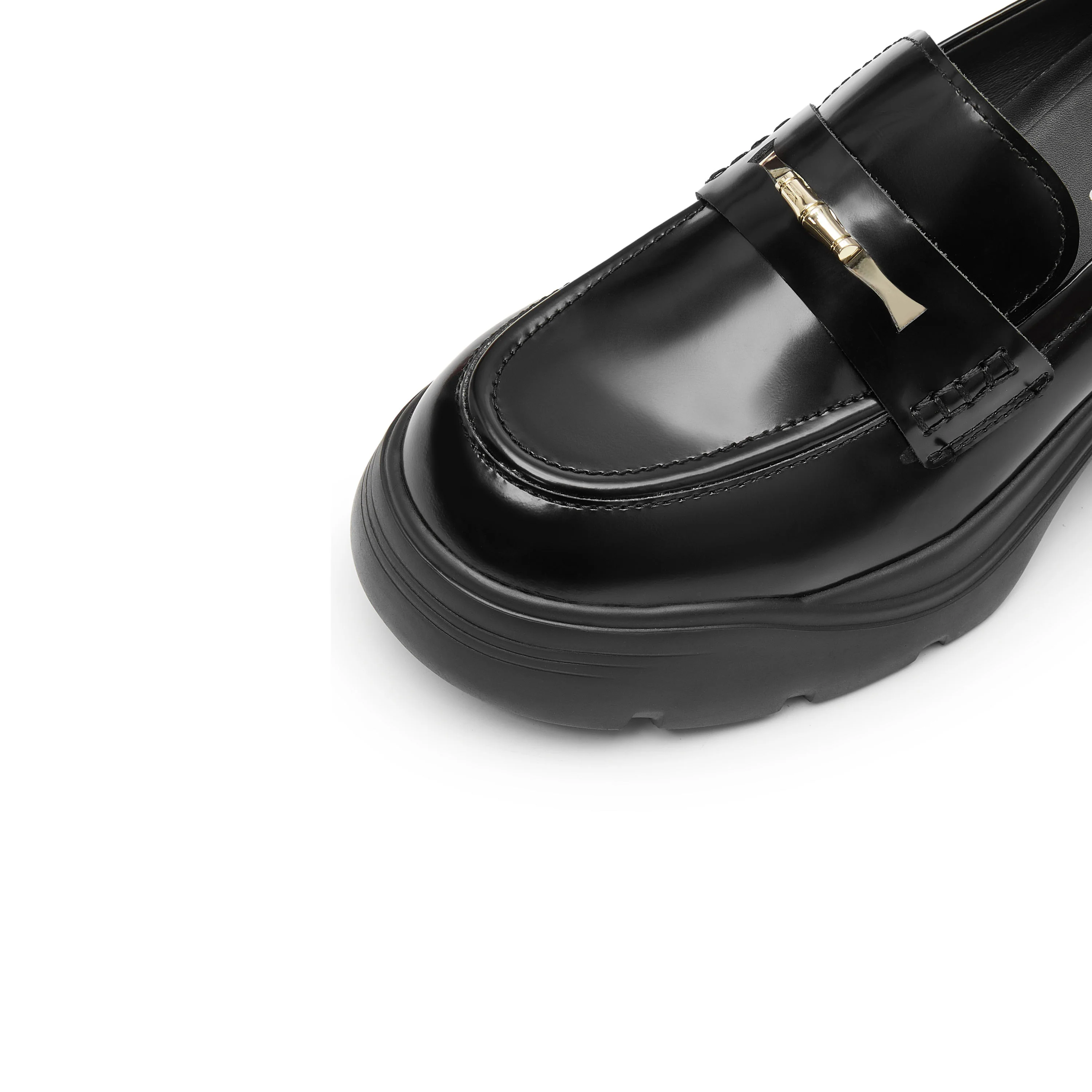 Black Golden Bamboo Platform Leather Loafers - Image 5