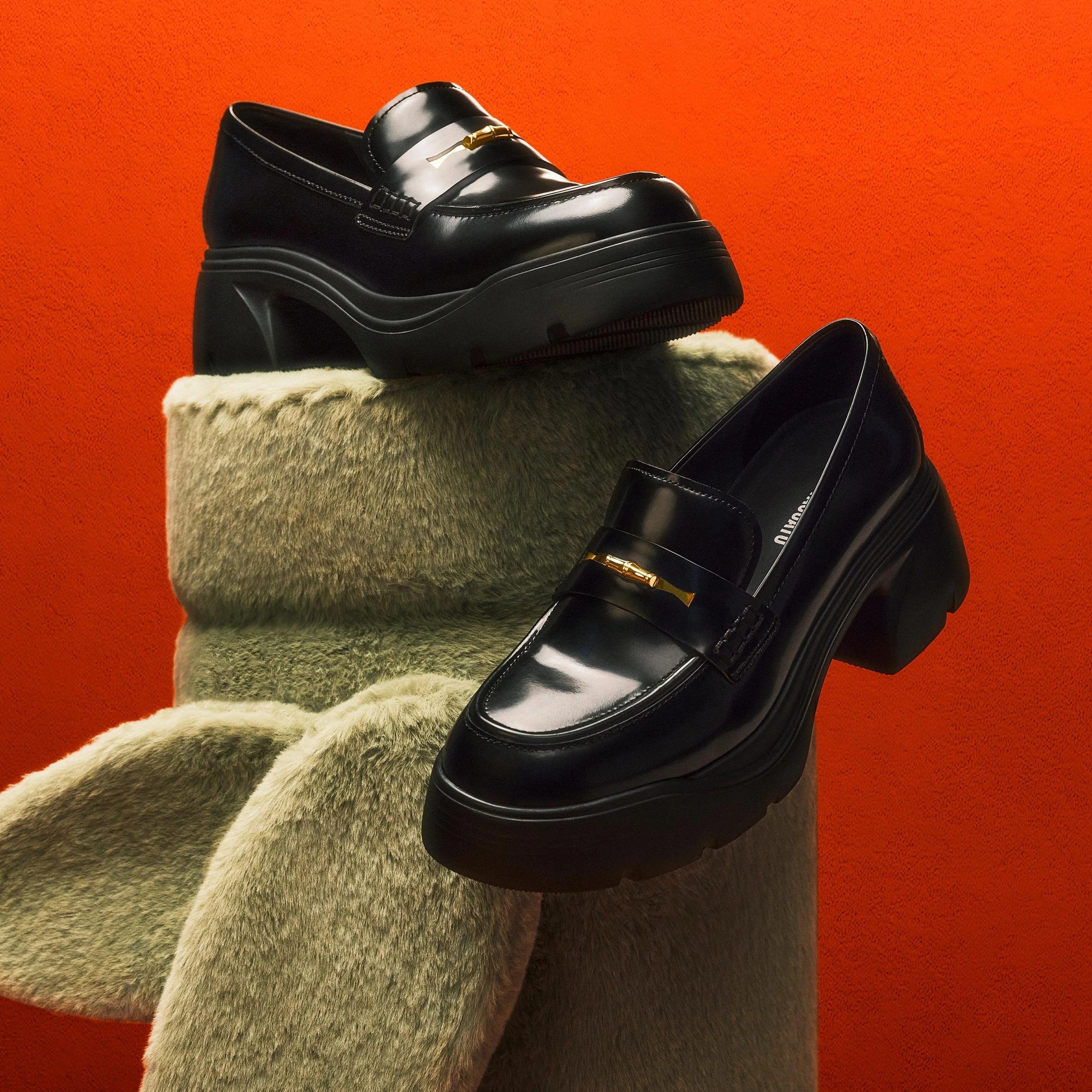 Black Golden Bamboo Platform Leather Loafers - Image 6